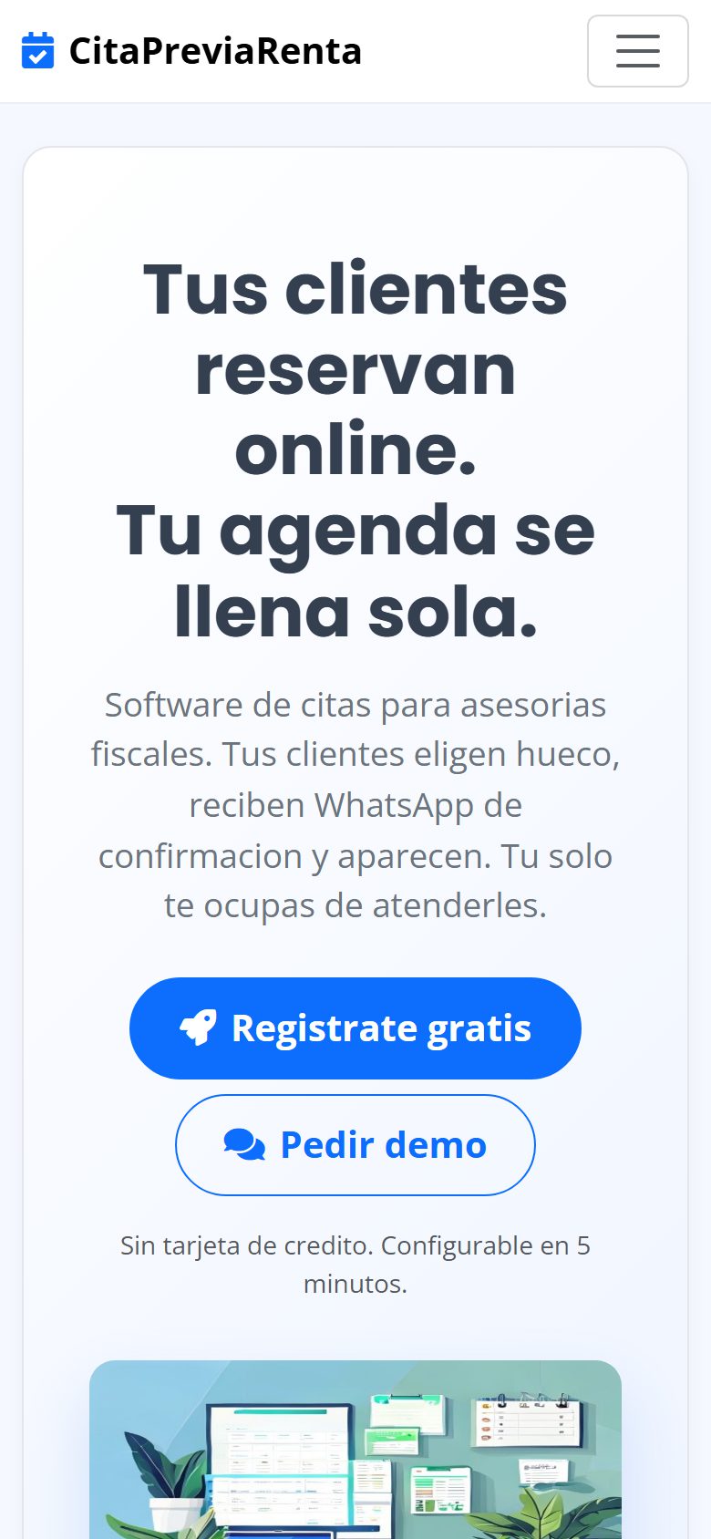 CitaPreviaRenta — vista móvil del landing público