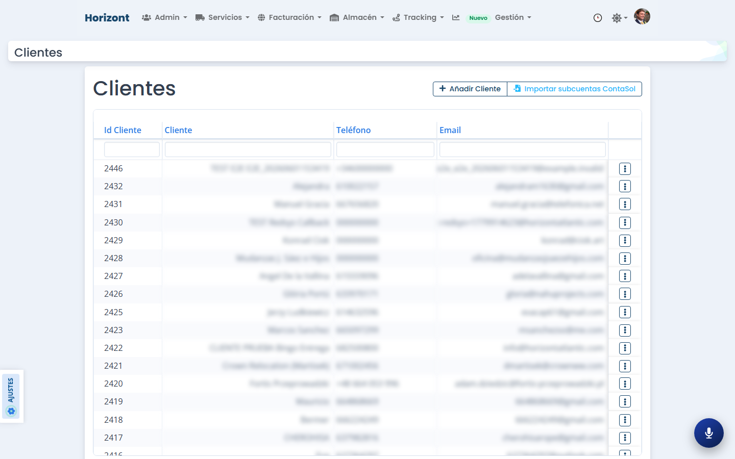 CRM Horizont — listado de clientes con todas las acciones del módulo Admin