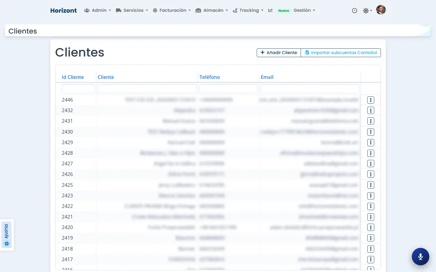 Listado de clientes del CRM Horizont, en producción diaria desde 2010