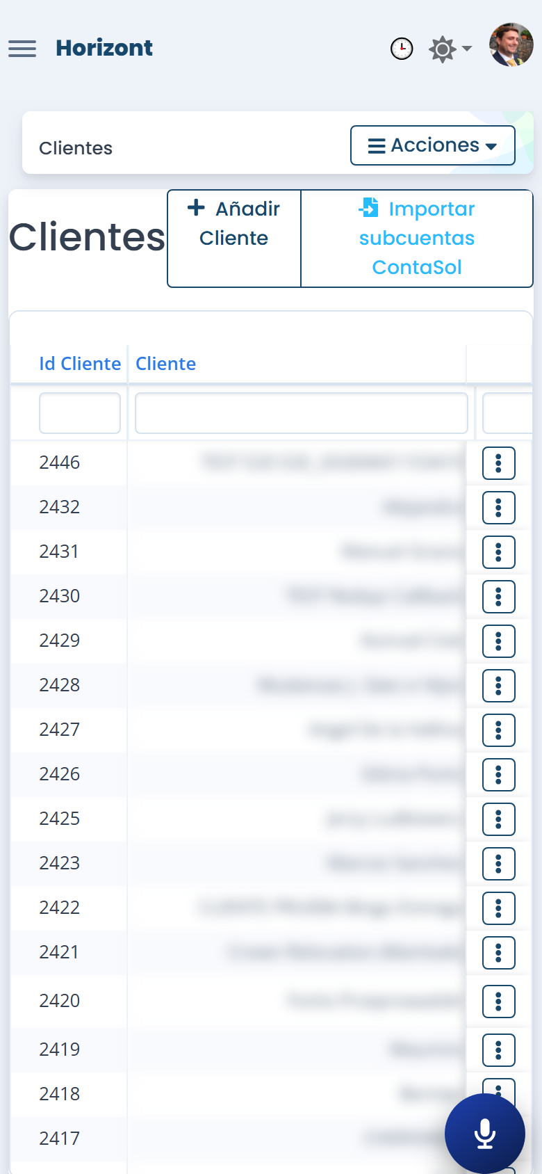 CRM Horizont — vista móvil PWA del módulo de clientes