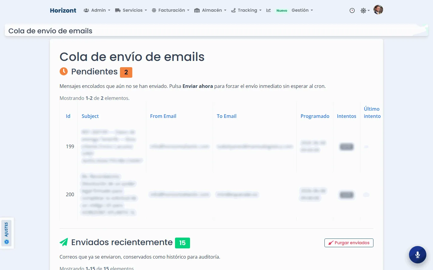 Cola de envío de emails con pendientes y enviados gestionada por cron