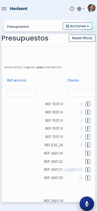 Presupuestos en móvil — vista PWA del CRM Horizont en Android