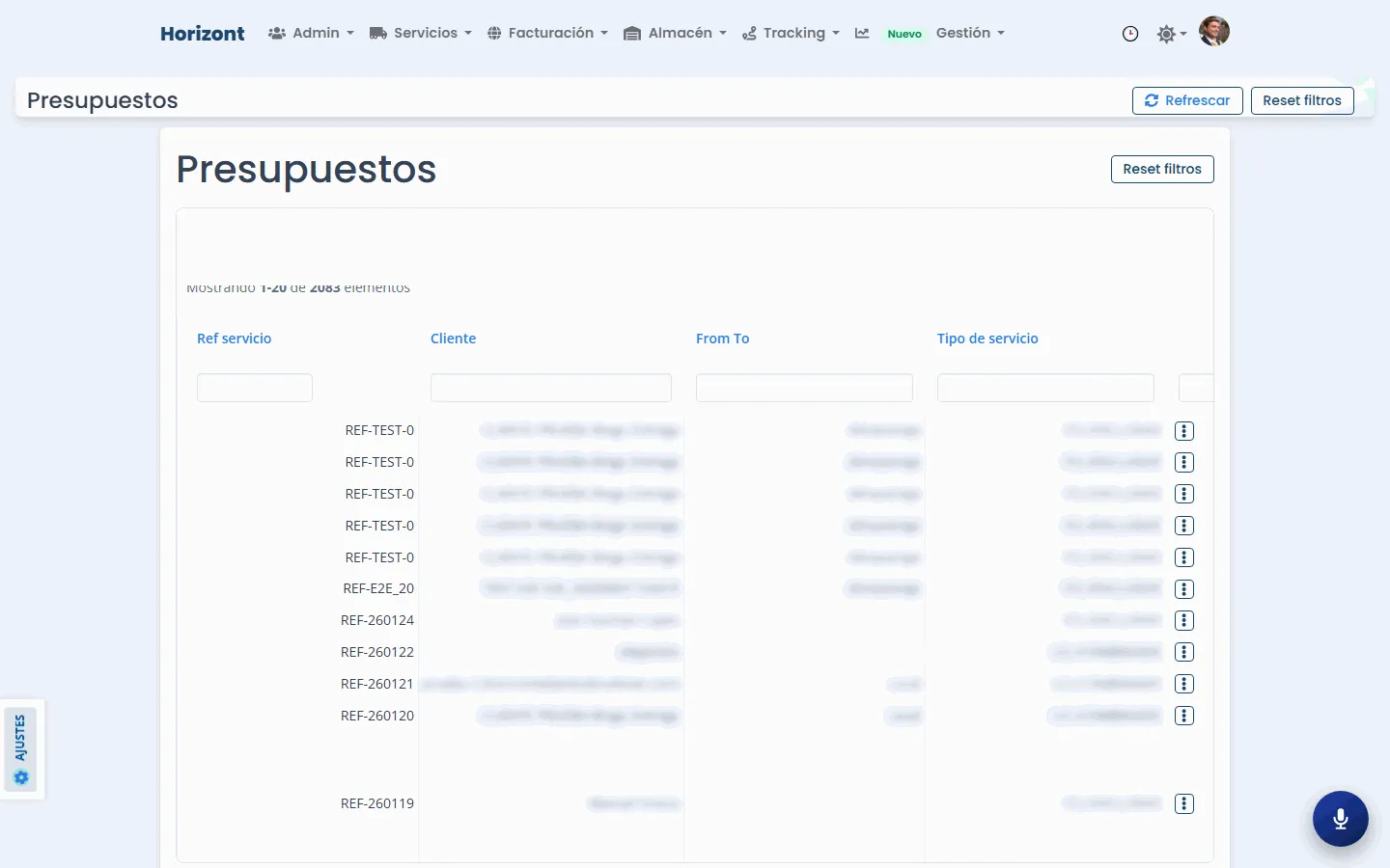 Listado de presupuestos con referencia, cliente y tipo de servicio