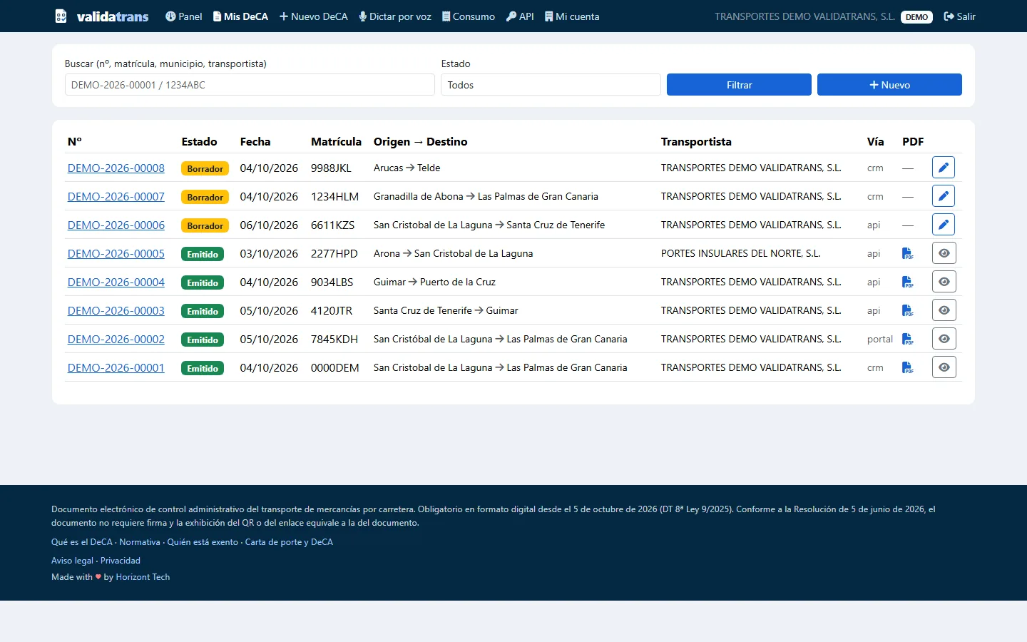 ValidaTrans — Liste aller Kontrolldokumente des Kontos: Nummer, Status, Datum, Kennzeichen, Strecke, Frachtführer und Ausstellungsweg