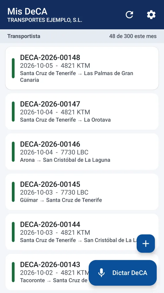 Liste der auf dem Handy gespeicherten DeCA mit Nummer, Datum, Kennzeichen und Route, oben der Verbrauch des Monats