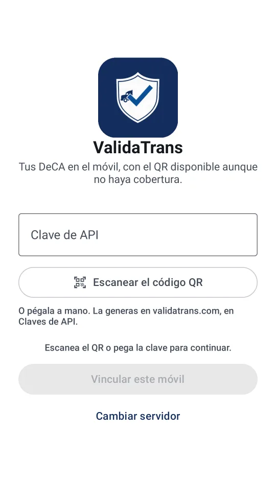 Startbildschirm der ValidaTrans-App: API-Schlüssel einfügen oder QR-Code scannen, um das Handy zu verknüpfen